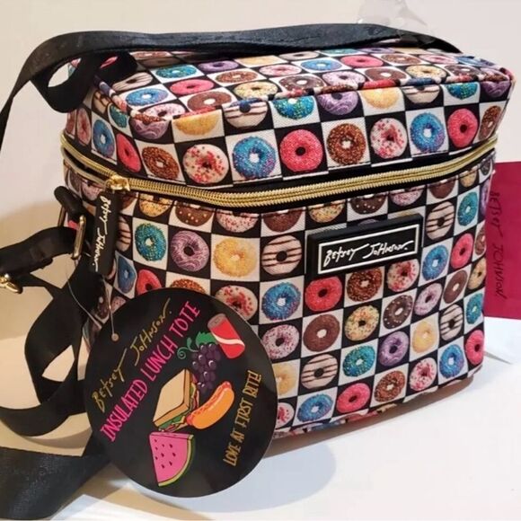 BJ Black White Checkered Assorted Colorful Donuts Lunch Bag Adjustable Strap - Picture 1 of 15